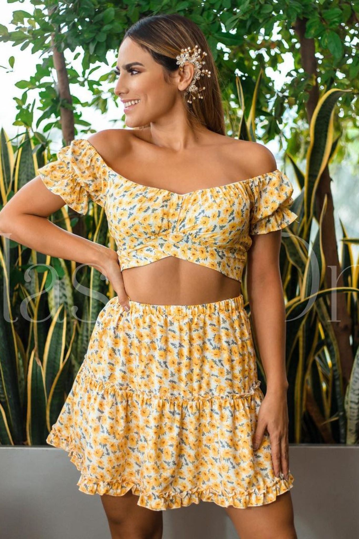 Floral Off-Shoulder Crop Top and Skirt Set